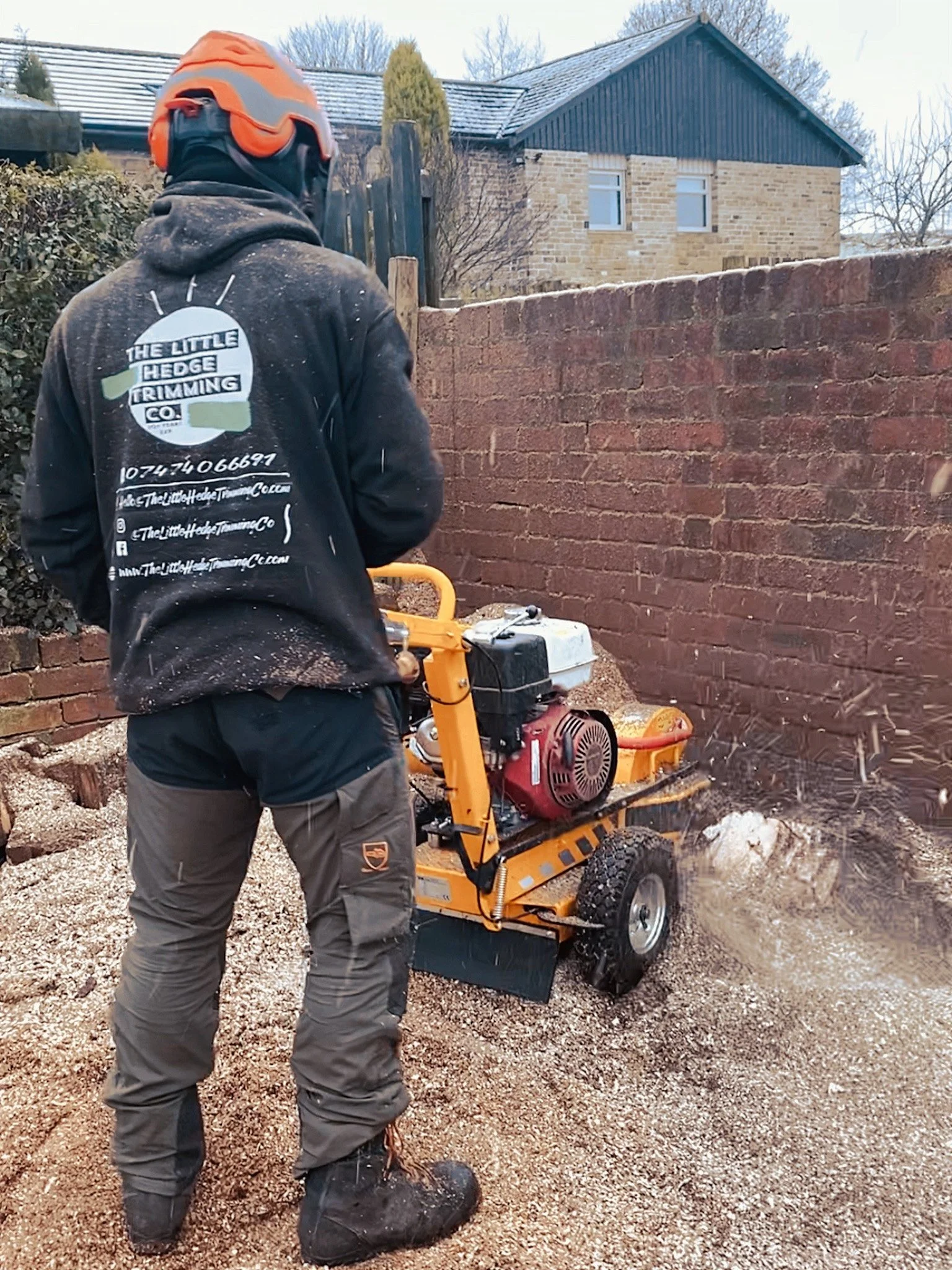 Tree surgeon stump grinding in Huddersfield garden