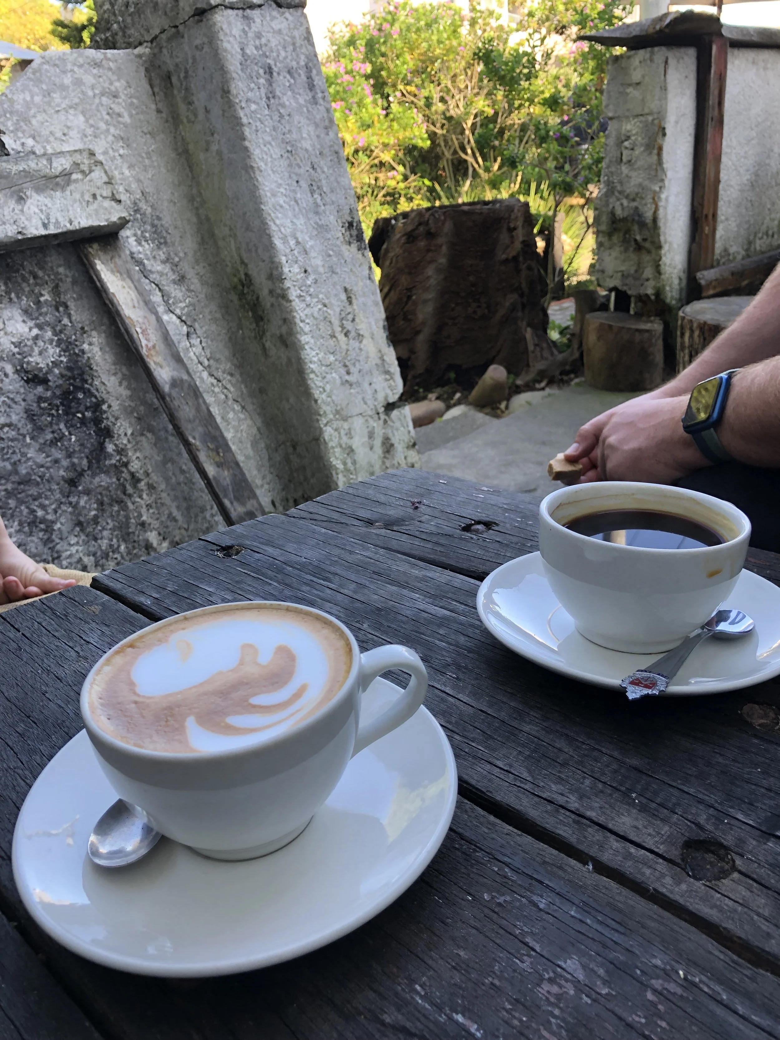 Two white cups of coffee with latte art on a wooden table outdoors, with a background of trees and rocks.
