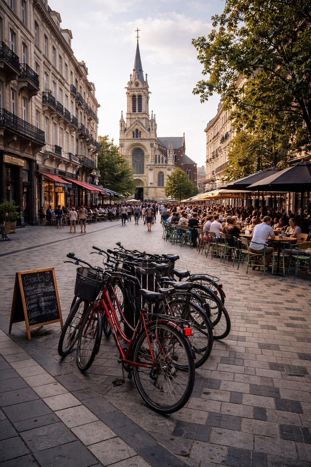 Une rue pavée animée à Paris avec des bicycles garés au premier plan, des gens assis dans des cafés en extérieur, et une église gothique en arrière-plan