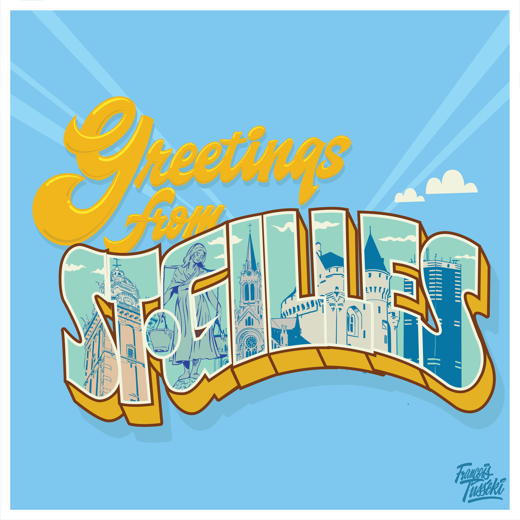 Une affiche colorée avec des images de monuments de Brighton, avec le texte "Greetings from Brighton" en lettres stylisées. Le nom de l'artiste Folami Tusski est en bas à droite.