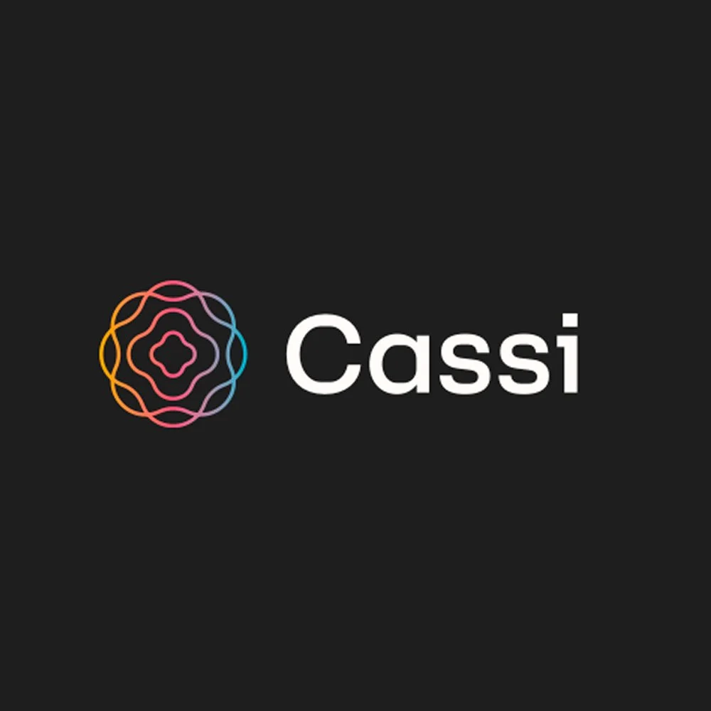 Logo with a multicolored circular design and the word 'Cassi' in white text on a black background.