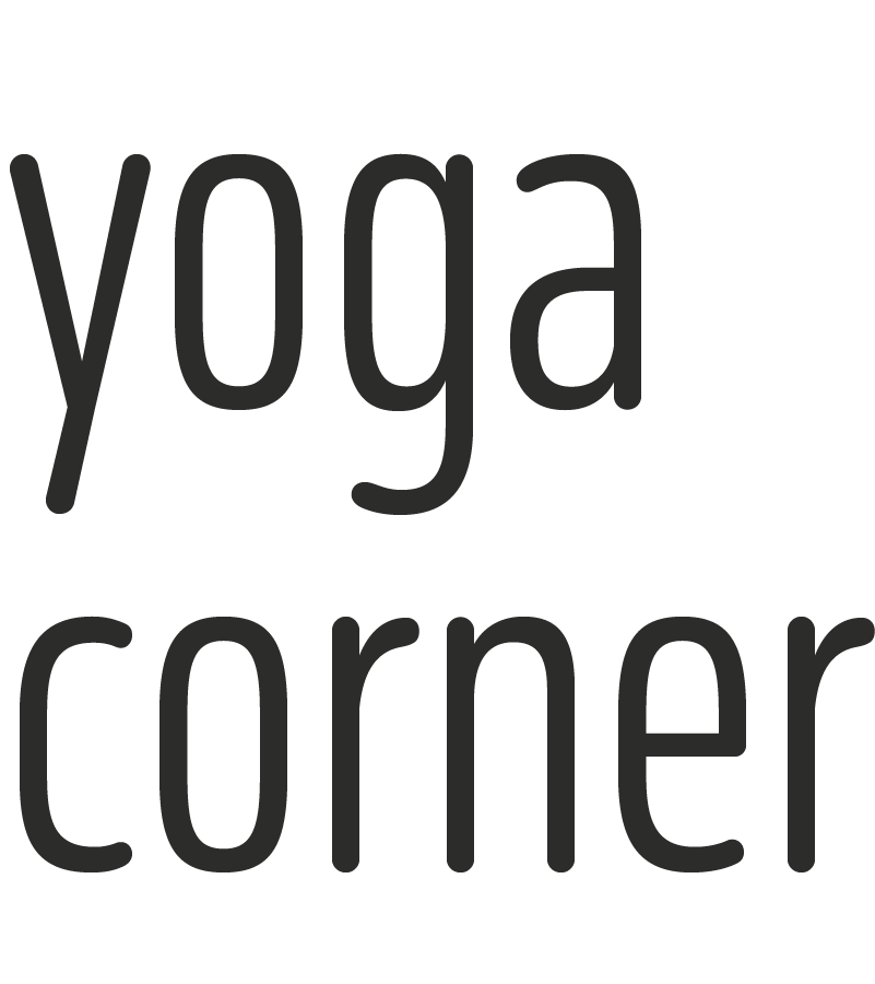 Black background with the words 'yoga corner' in large, dark gray text.