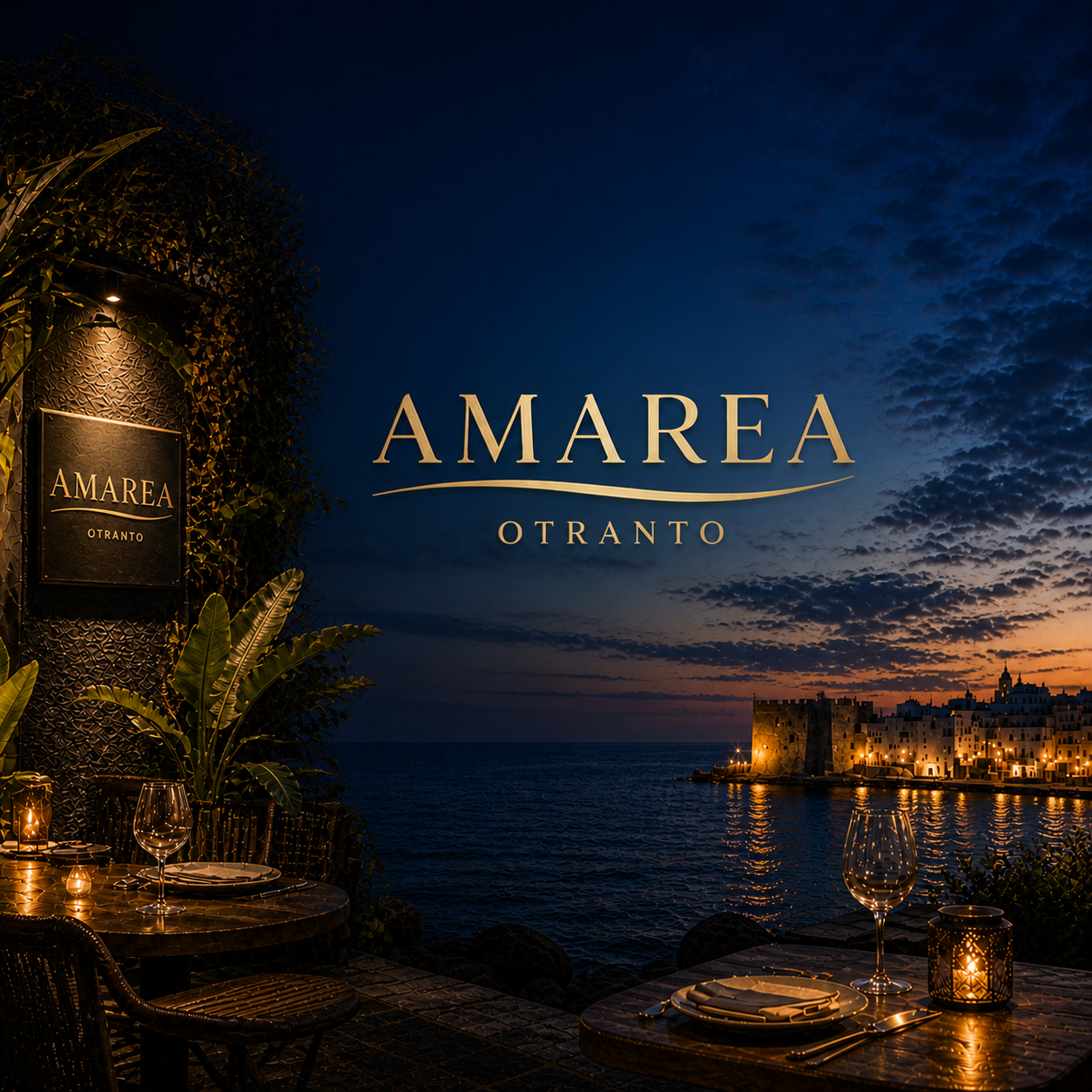 Ingresso con tavoli apparecchiati, ambiente elegante con decorazioni di piante, vista sul mare al tramonto con edifici illuminati e cielo nuvoloso