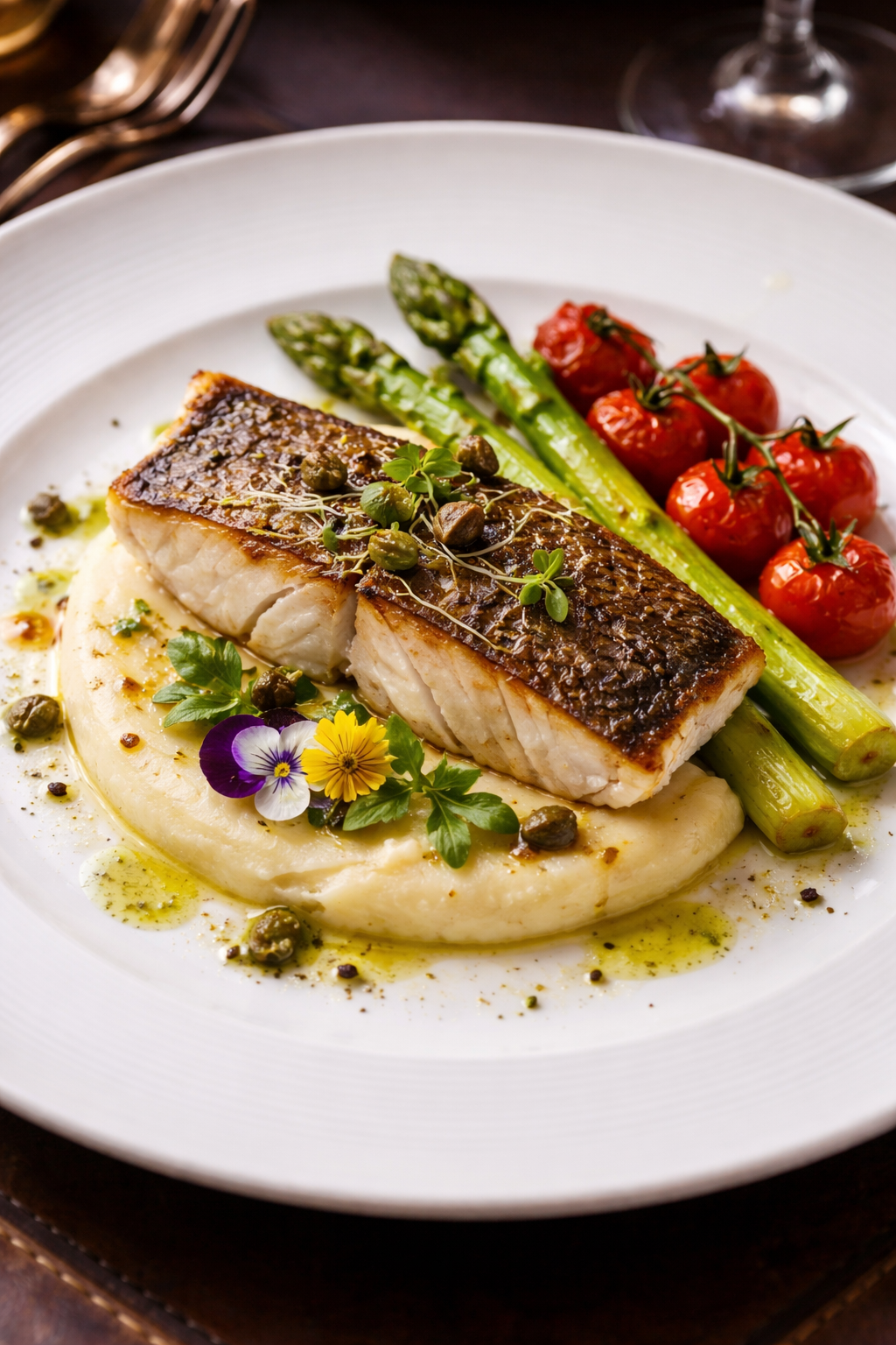 Filetto di pesce con purè di patate, asparagi e pomodorini ciliegia