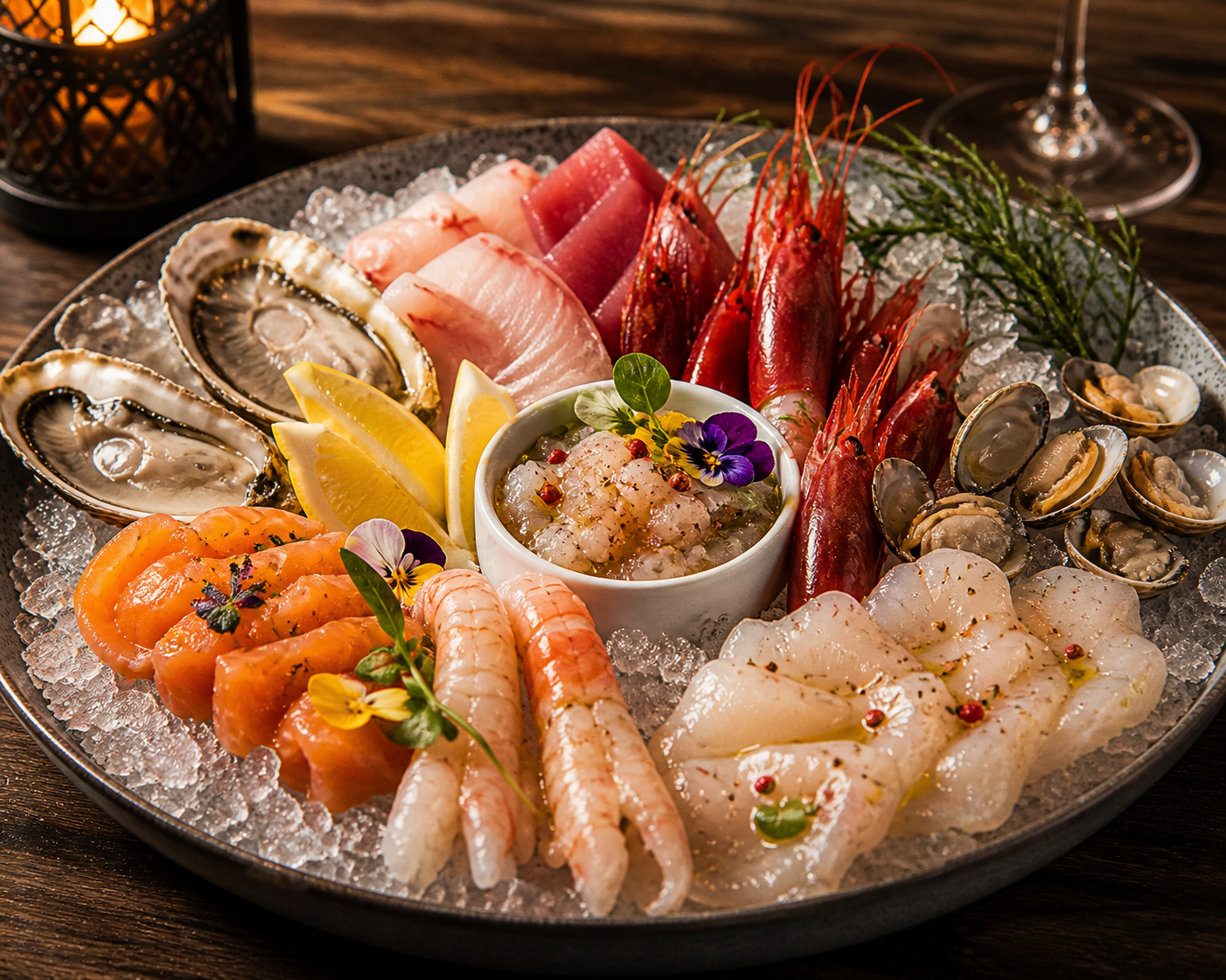 Piatti di frutti di mare e sashimi su un letto di ghiaccio con limoni, fiori edibili e erbe.