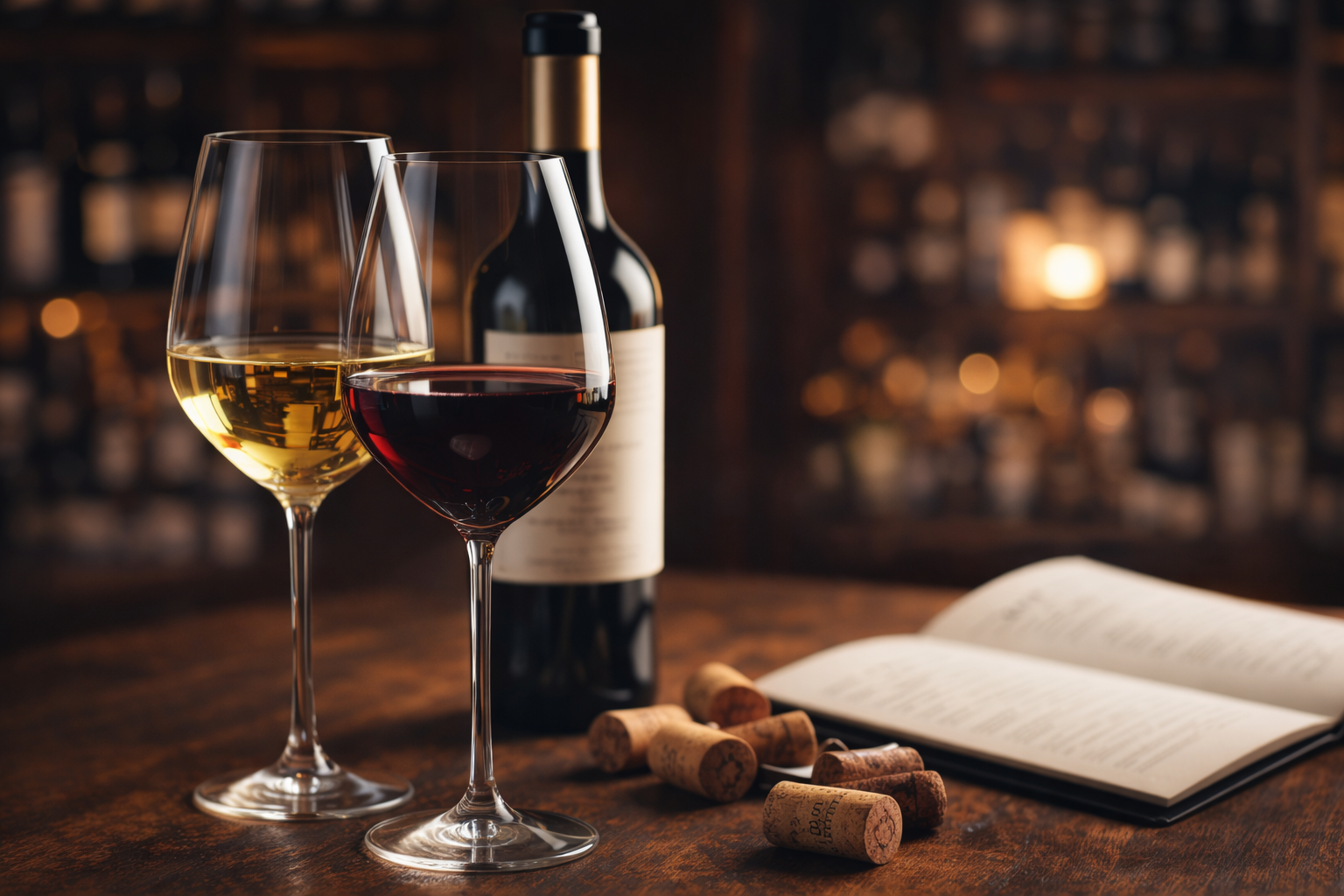 Due calici di vino, uno bianco e uno rosso, su un tavolo di legno con un'apertura di libro, tappi di sughero e una bottiglia di vino sullo sfondo in una cantina.