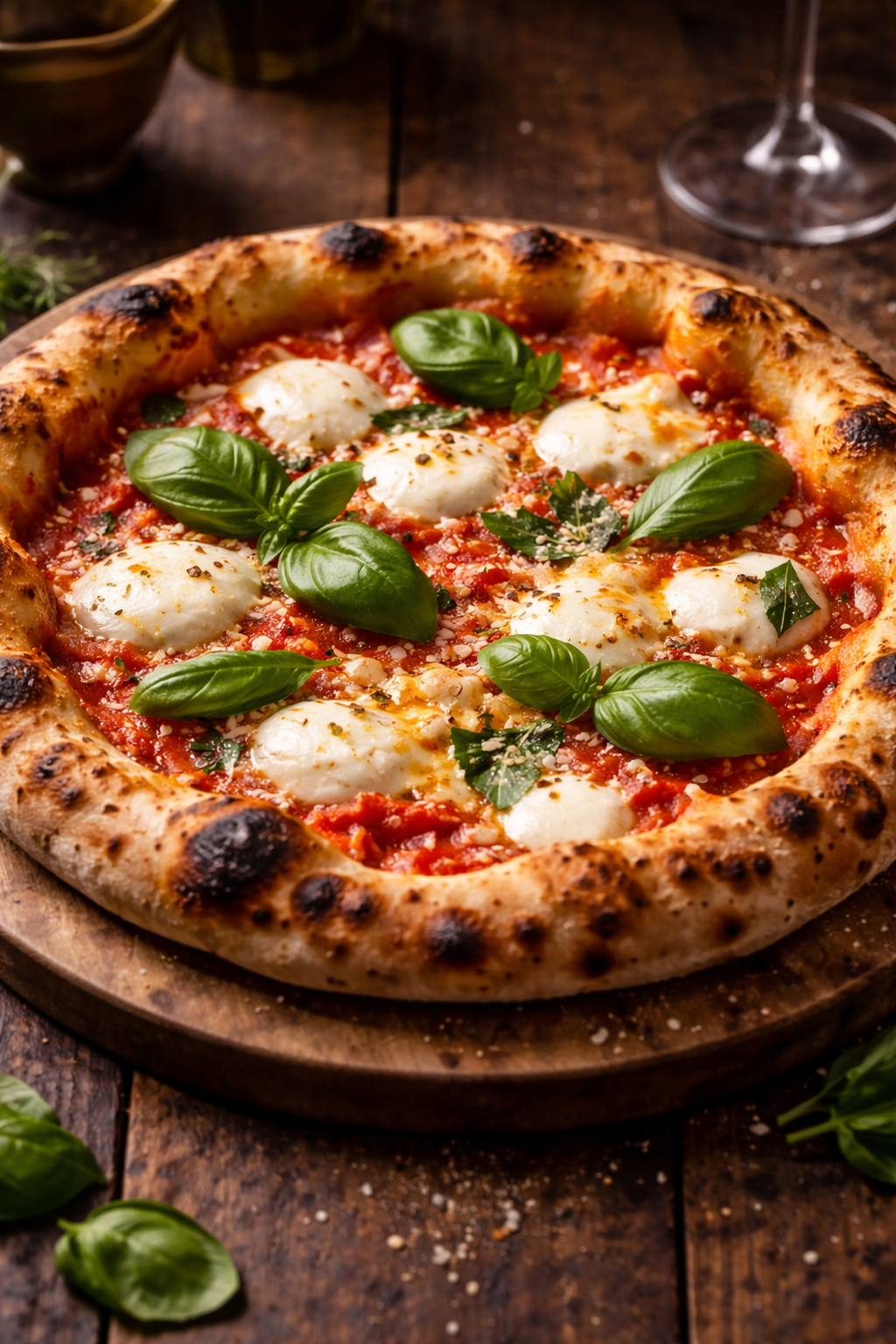 Pizza margherita con basilico fresco, mozzarella, salsa di pomodoro e crosta croccante su un tagliere di legno.