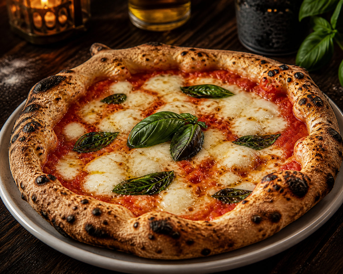 Pizza margherita con mozzarella, pomodoro e basilico su piatto.