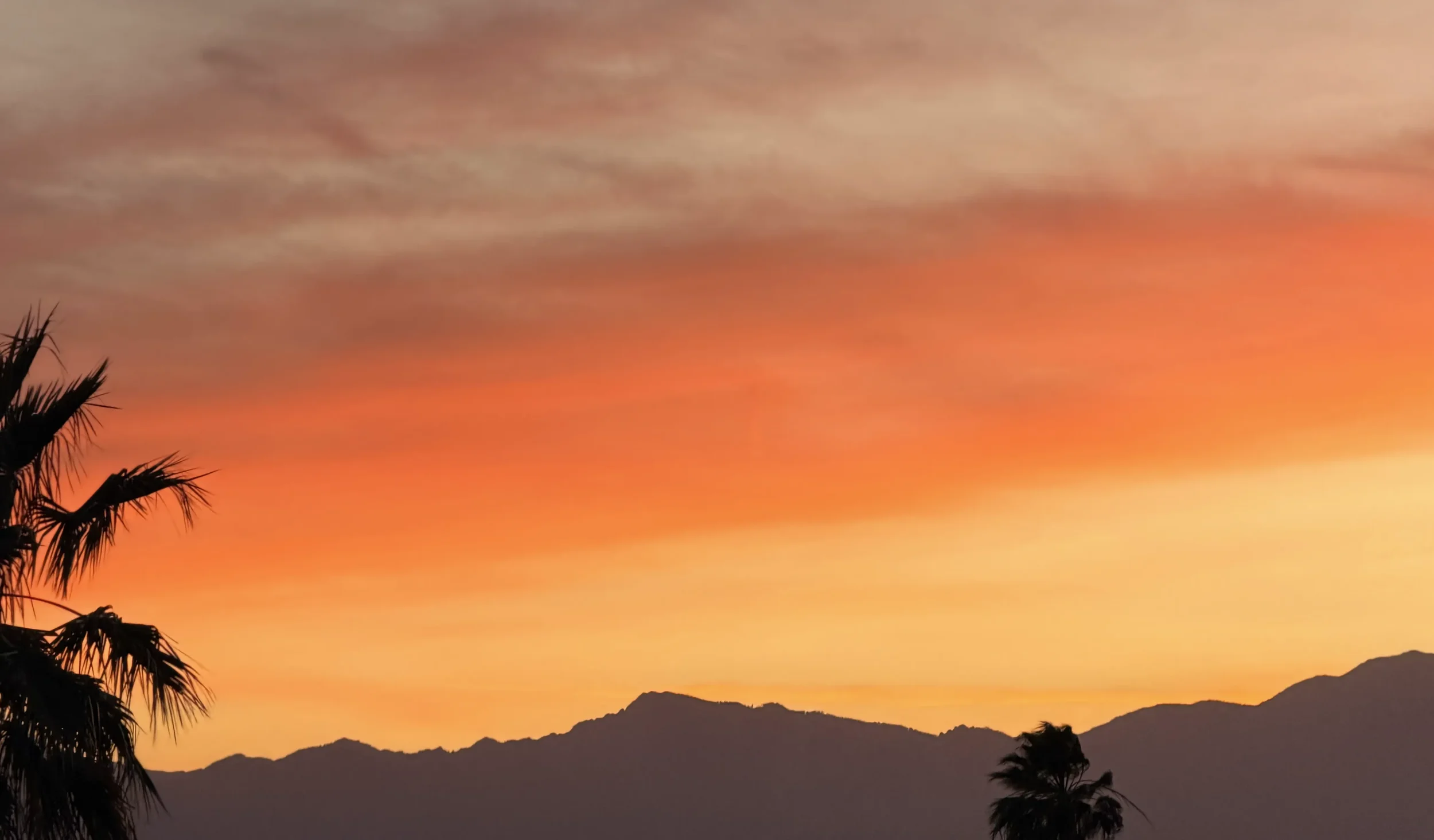 A sunset over mountains with silhouettes of palm trees in the foreground, casting a warm glow across the sky.