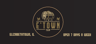 Elizabethtown, IL taproom logo with a beer barrel and the words 'E-Town Tap' and 'Open 7 Days a Week'