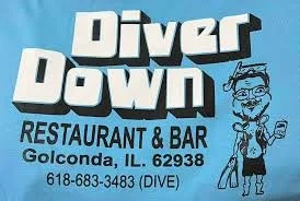 Sign for Diver Down Restaurant & Bar in Golconda, Illinois with cartoon illustration of a woman in a swimsuit holding a drink.