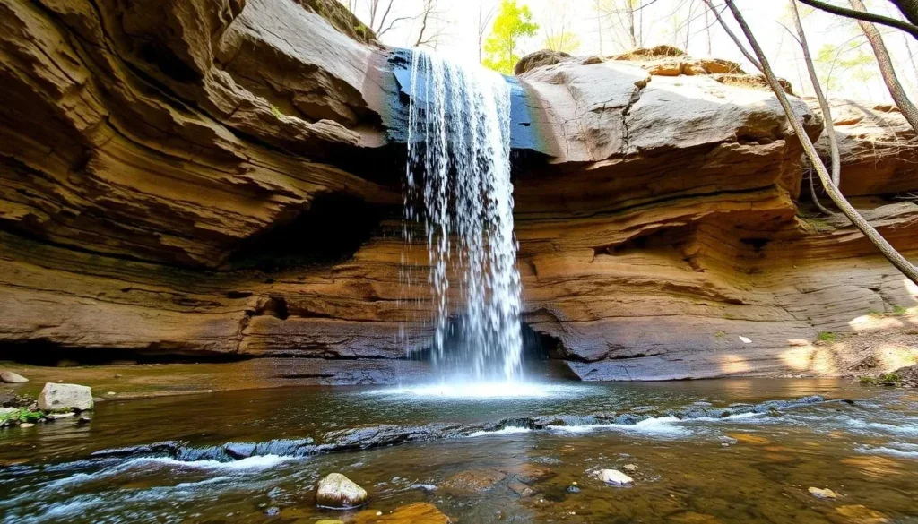A small waterfall cascading over a layered rock cliff into a shallow pool below, surrounded by trees and natural landscape.