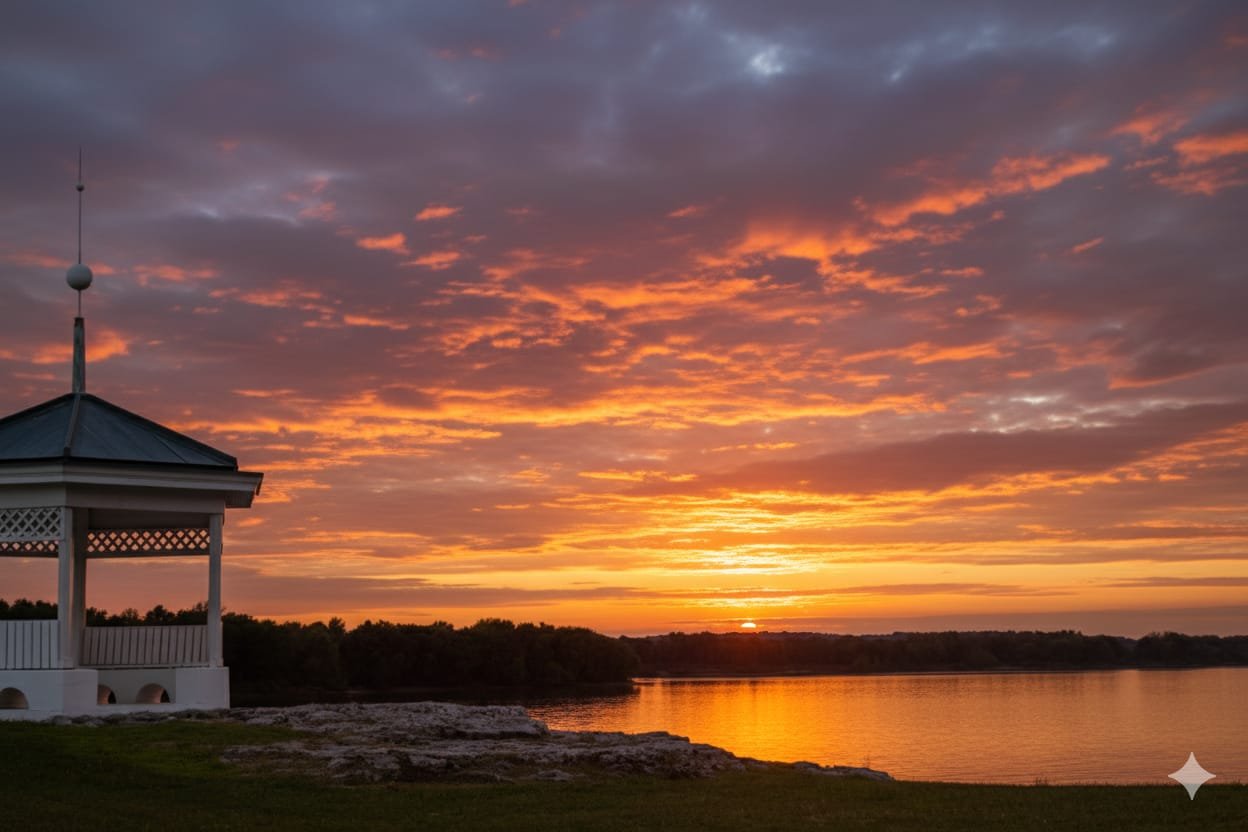 Sunset over a lake with a partially cloudy sky, and a white gazebo on the left.