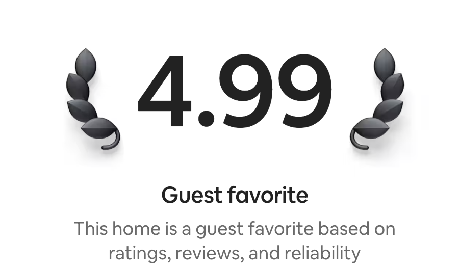 Screenshot showing a guest favorite badge with a rating of 4.99, surrounded by two black leaf icons. The text indicates the home is a guest favorite based on ratings, reviews, and reliability.