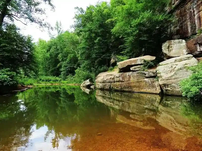 A calm river with a sandy bottom, surrounded by lush green trees and large rock formations on the right side, reflecting the greenery in the water.