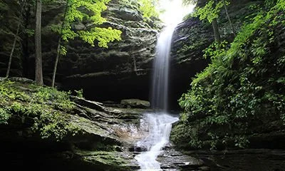 A small waterfall flowing into a stream surrounded by green trees and rocks.