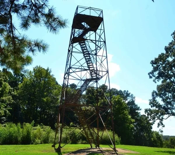 A tall, rusted metal observation tower with a spiral staircase, situated on a grassy area surrounded by trees under a blue sky with clouds.