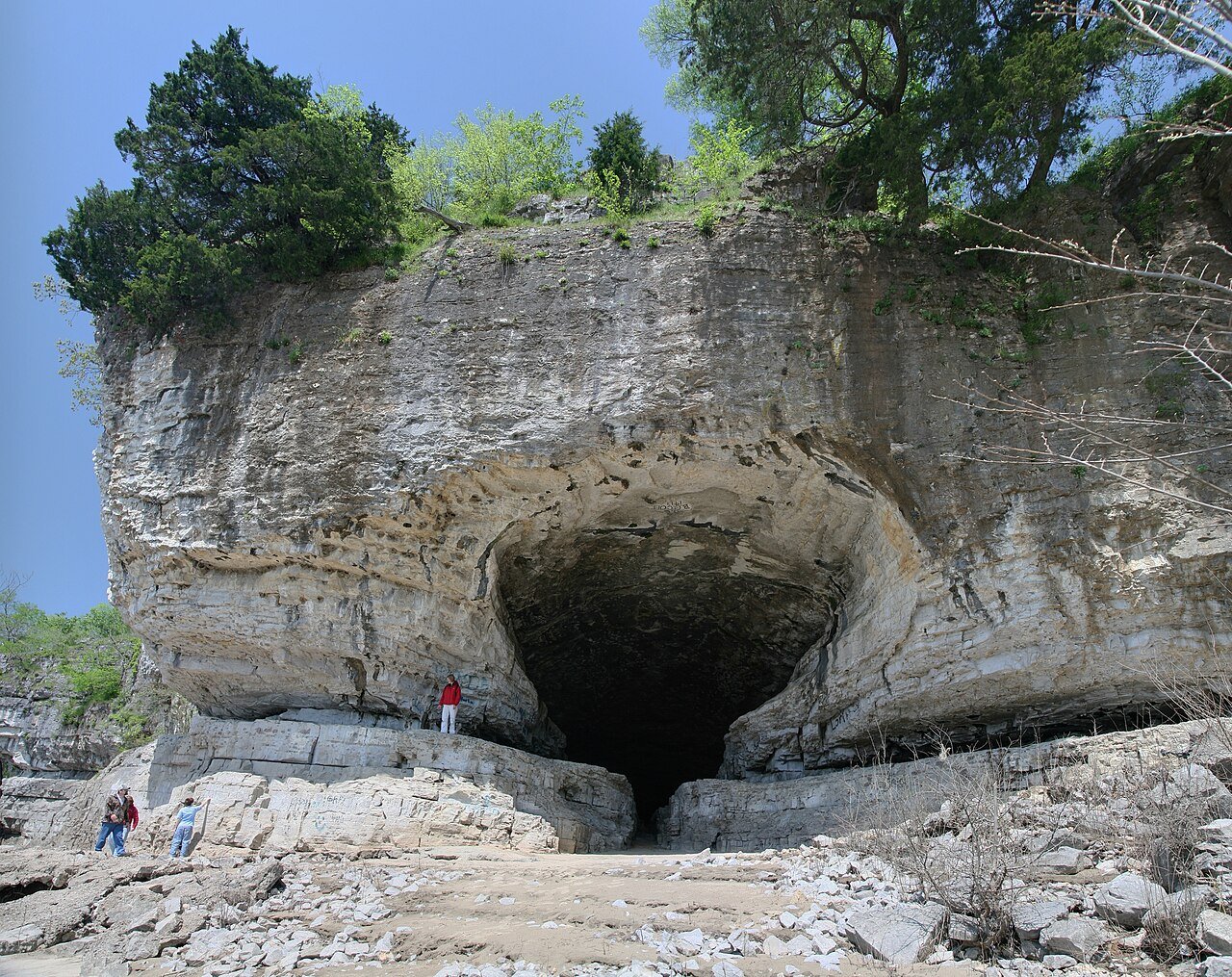 Large caves with dark interiors at the base of a rocky cliff, with trees and blue sky above, and people exploring nearby.