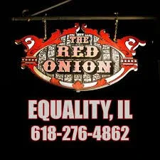 Sign for The Red Onion restaurant in Equality, Illinois, with phone number 618-276-4862