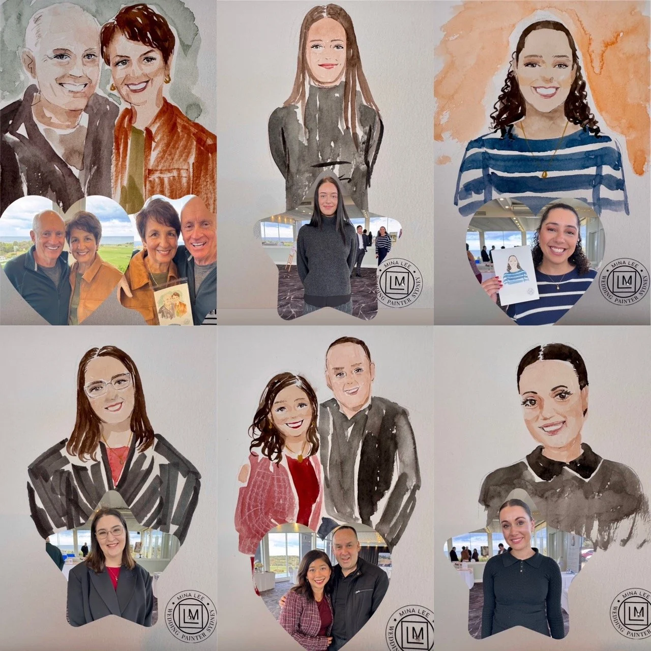 Collection of watercolor-style portraits, each featuring a woman, with some including couples and groups, all on a light background with watercolor effects.