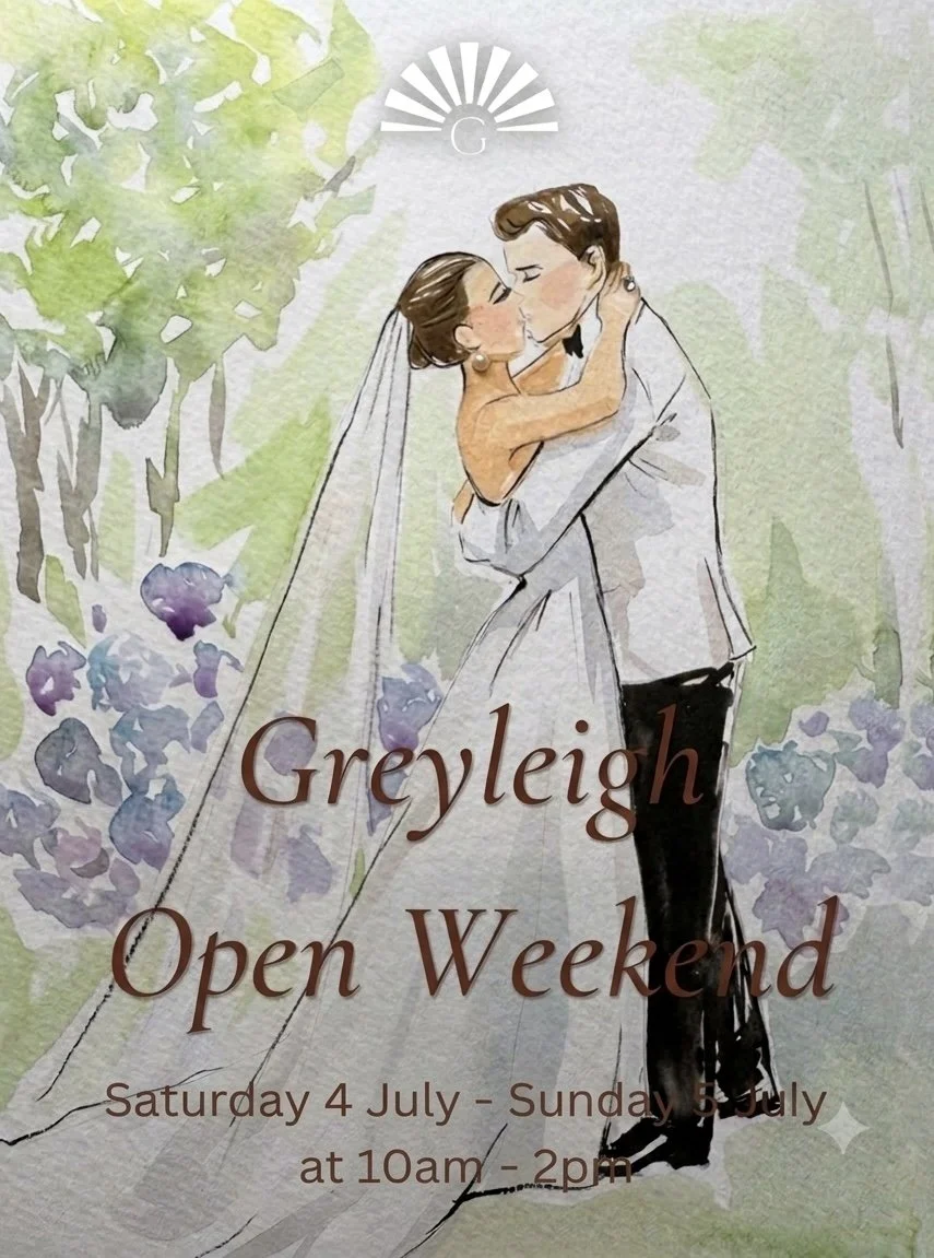A watercolor illustration of a bride and groom sharing a kiss outdoors, with trees and flowers in the background, promoting the Greyleigh Open Weekend event.