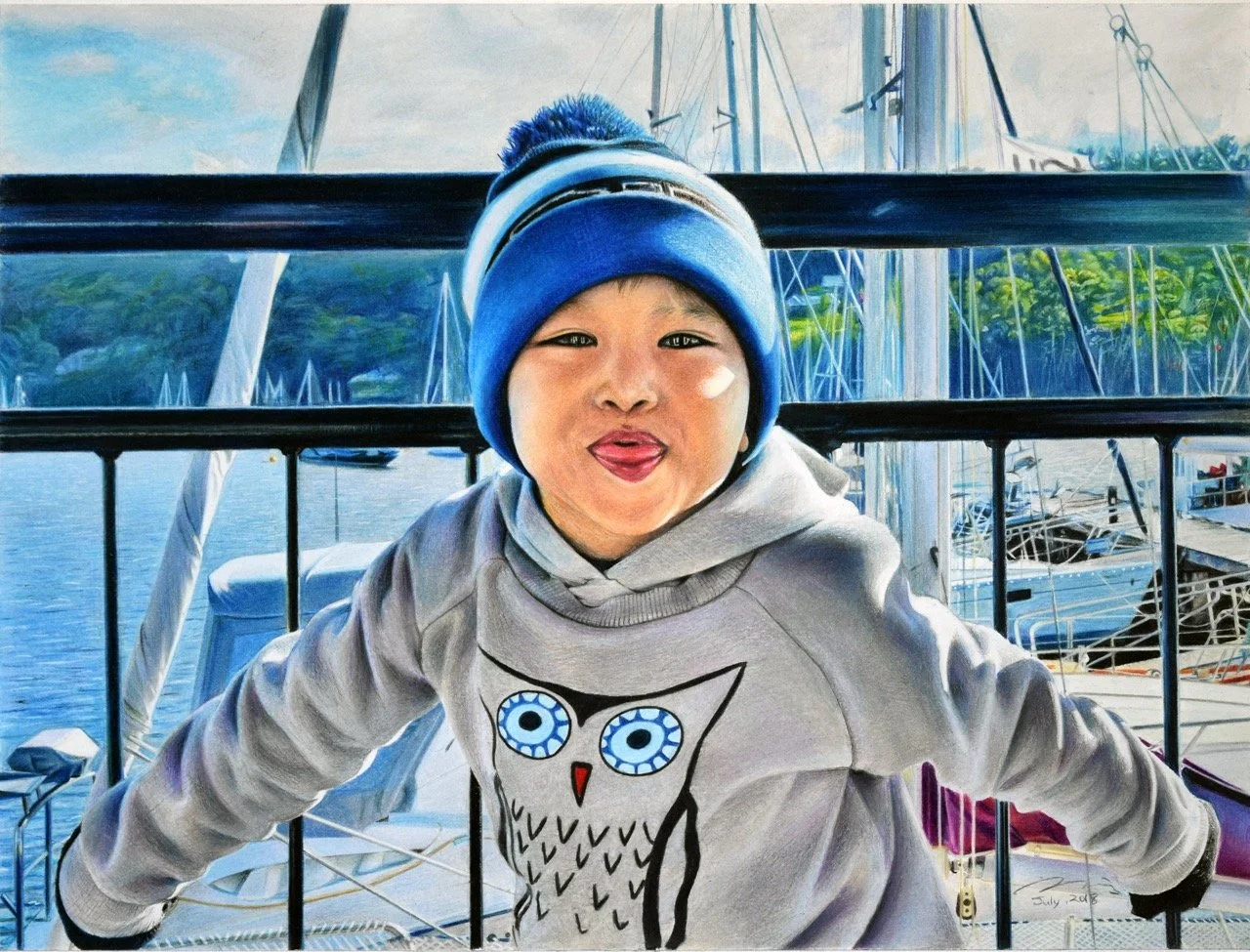 hyper-realism colour pencil drawing of my son Lucas by award winning fine artist mina lee