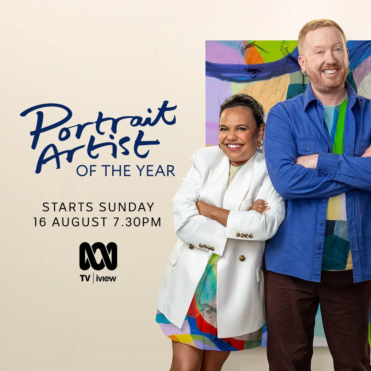 Promotional poster for 'Portrait Artist of the Year' TV show, starting Sunday, August 16 at 7:30 PM, featuring two smiling artists in front of colorful paintings, with the ABC TV logo at the bottom.