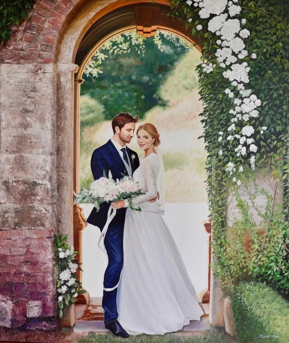 live wedding oil painting of bride and groom under arche by award winning fine artist Mina Lee