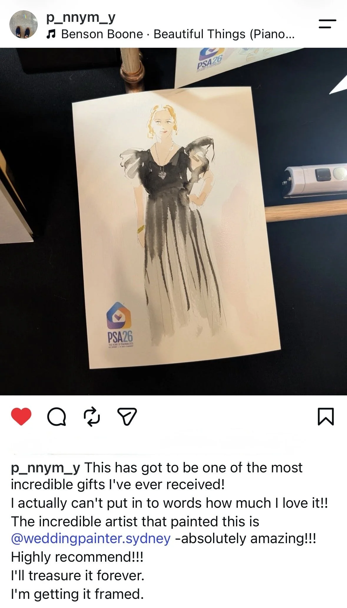 A watercolor-style illustration of a woman wearing a black dress with puffed sleeves and a necklace, standing with one hand on her hip.
