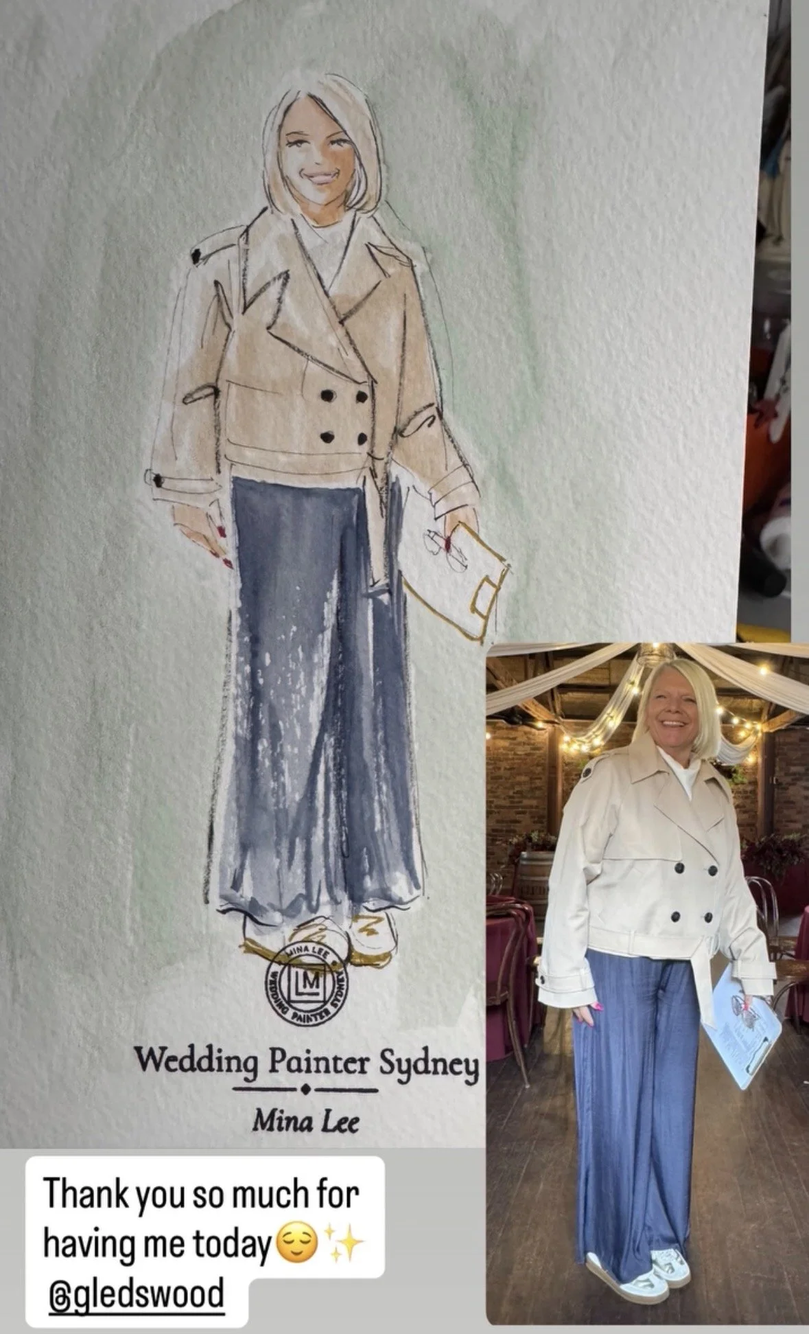 A watercolor illustration of a woman with short blonde hair, wearing a beige trench coat and navy wide-leg pants, holding a white clutch and smiling, with a real photo of the same woman in a beige trench coat and navy wide-leg pants standing indoors 