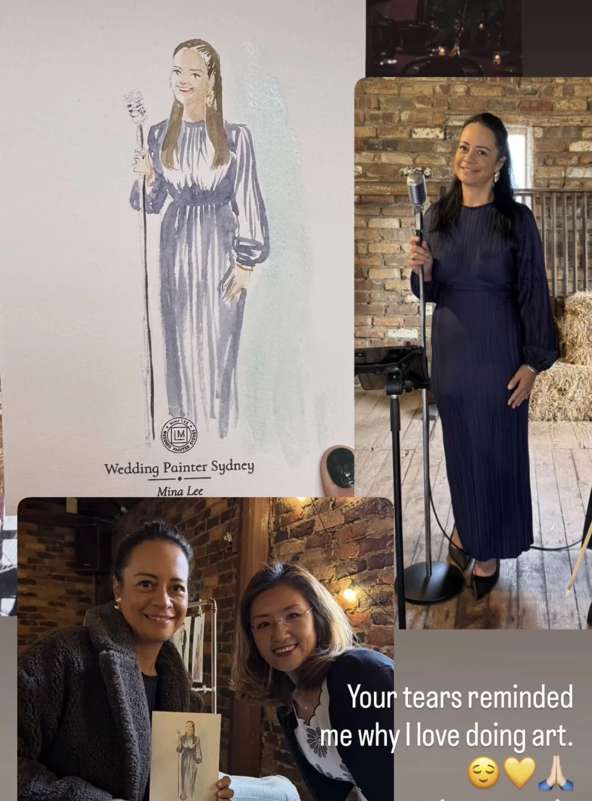 A woman in a dark blue pleated dress stands next to a microphone in a rustic brick room, smiling for the camera. There is an illustration of her holding a microphone labeled "Wedding Painter Sydney Mina Lee," a photo of her with another woman, and a 