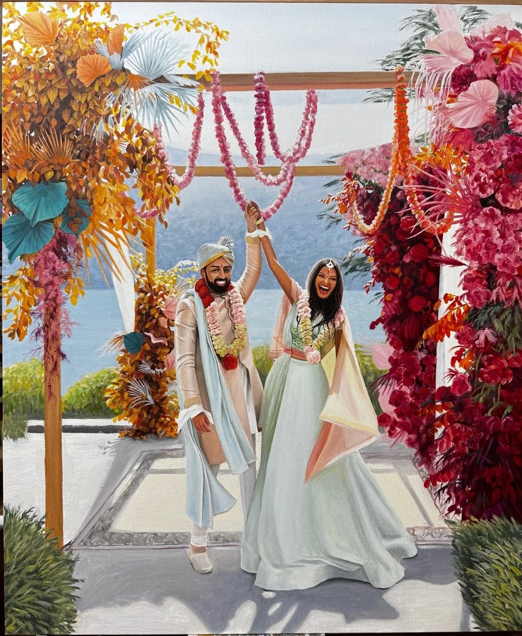 Indian wedding colourful and vivid hyperrealism Professional live oil painting process by award-winning artist Mina in a Sydney ballroom.