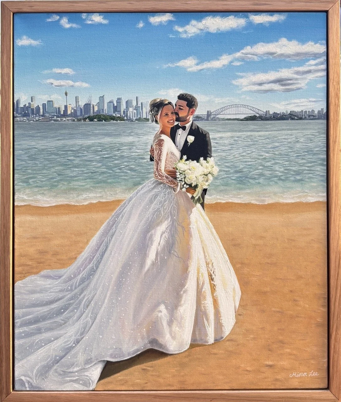 live wedding painting with floating frame display
• live wedding painting in Sydney reception scene
• bride and groom live painted oil artwork
• fine art wedding painting by Mina Lee
• wedding painter working live at Sydney venue