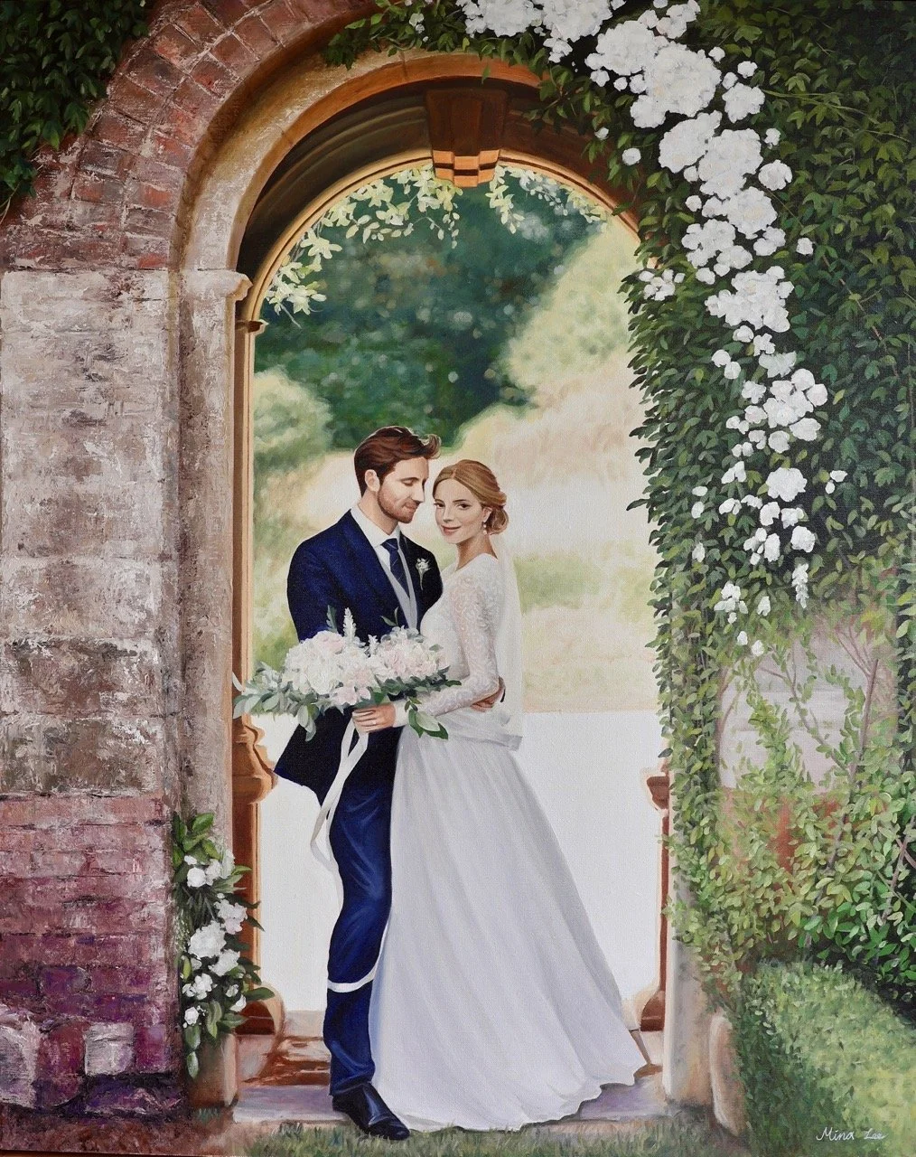 Signature live wedding oil portrait being created by Sydney-based artist Mina.