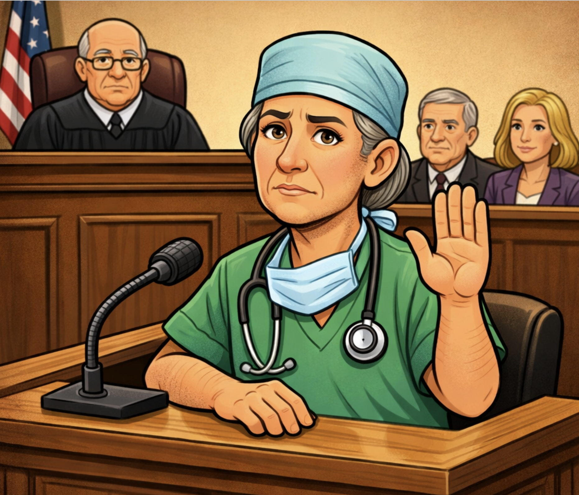 Cartoon illustration of a female doctor testifying in a courtroom, wearing a blue surgical cap, face mask hanging around her neck, and green medical scrubs, with a stethoscope around her neck, raising her right hand. Behind her, a judge in robes sits at the bench, and two lawyers sit listening. The courtroom has wooden details and an American flag is visible to the side.