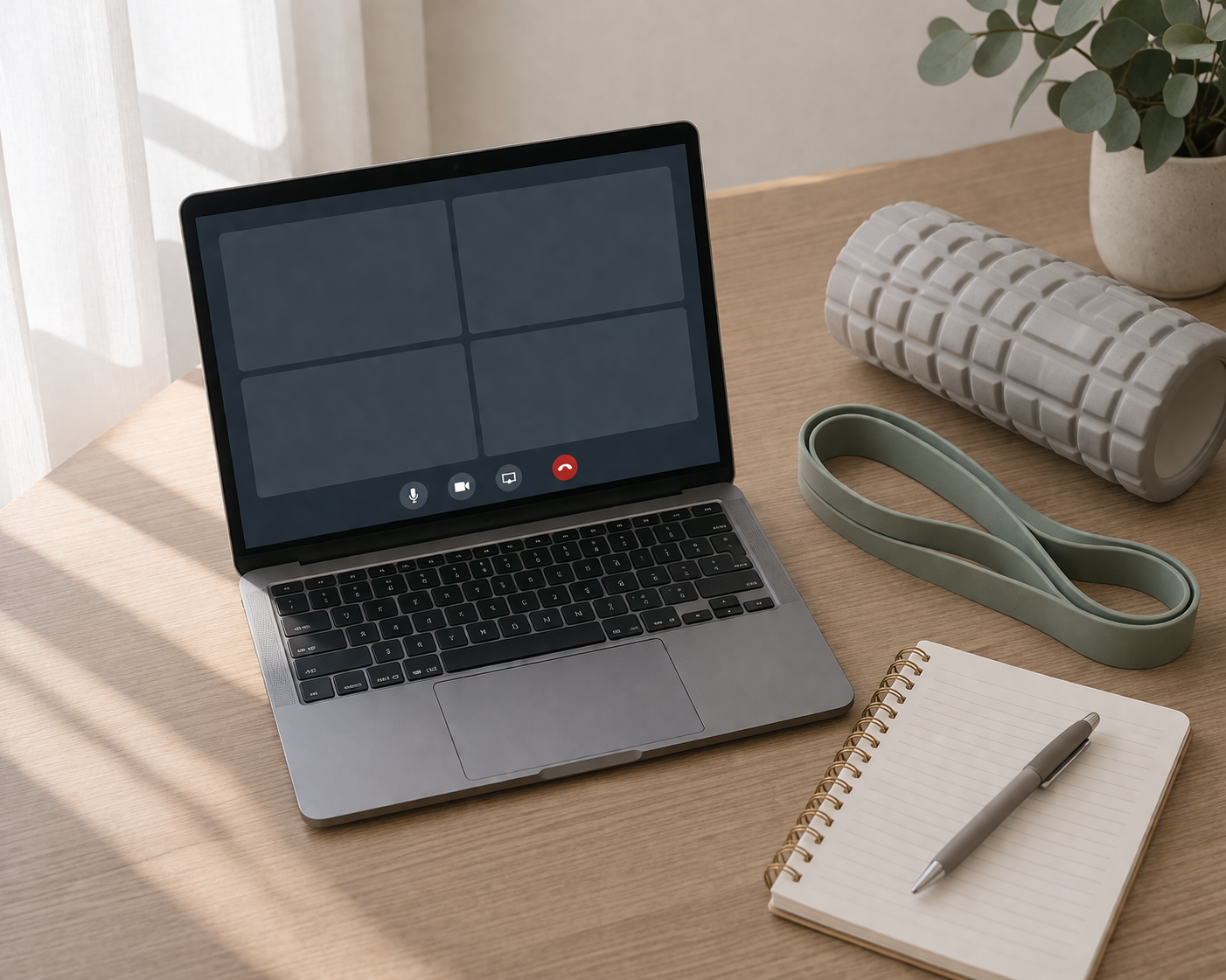 Laptop on a wooden desk with a video call screen open, a rolled foam roller, a green strap, a spiral notepad with a pen, and a potted plant in the background.