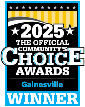 2025 Community's Choice Awards winner badge for Gainesville, featuring black, white, blue, and yellow colors with stars and stripes.