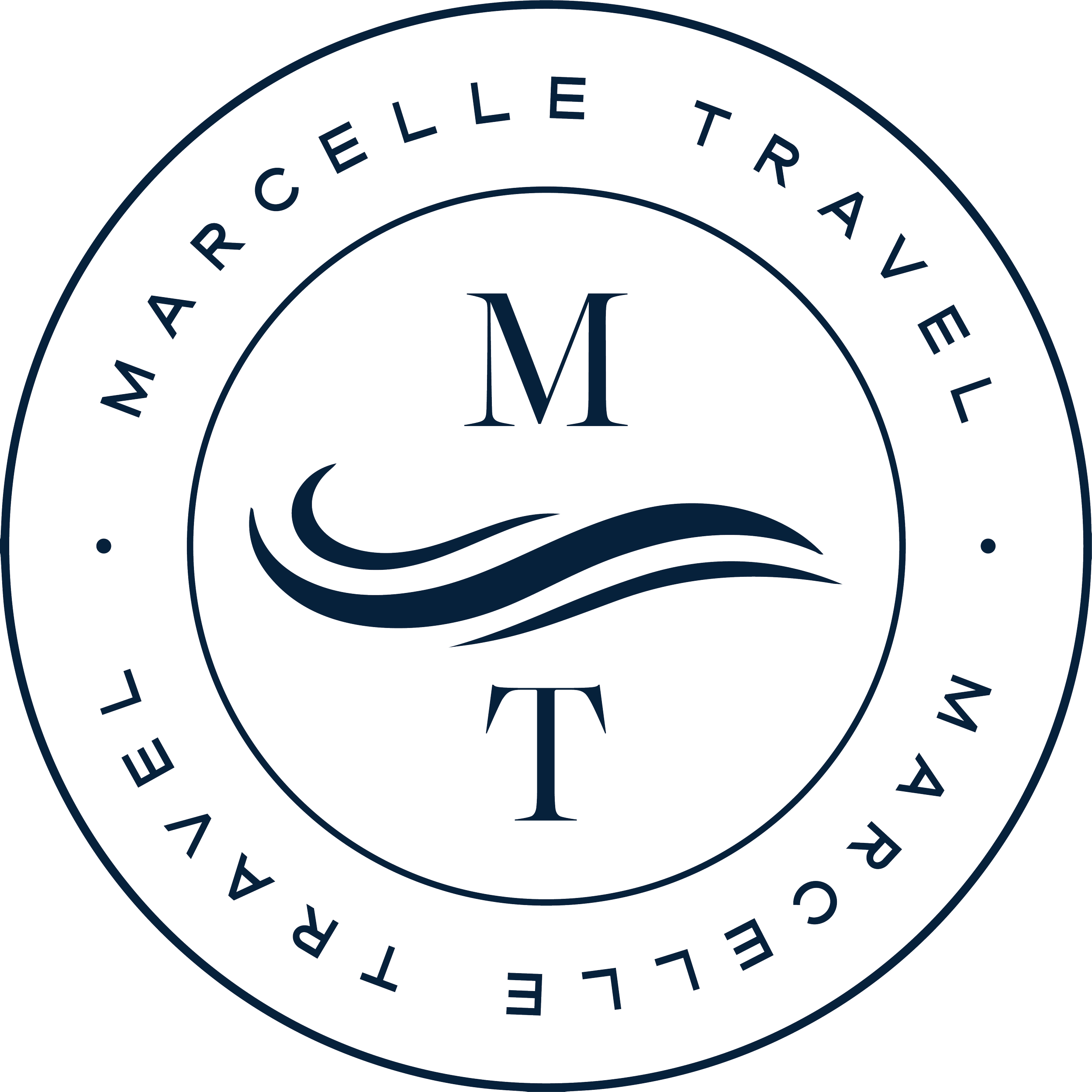 Circular emblem with the words 'Marcelle Travel' around the edge. Inside, the letters 'M' and 'T' are separated by a stylized wave design.