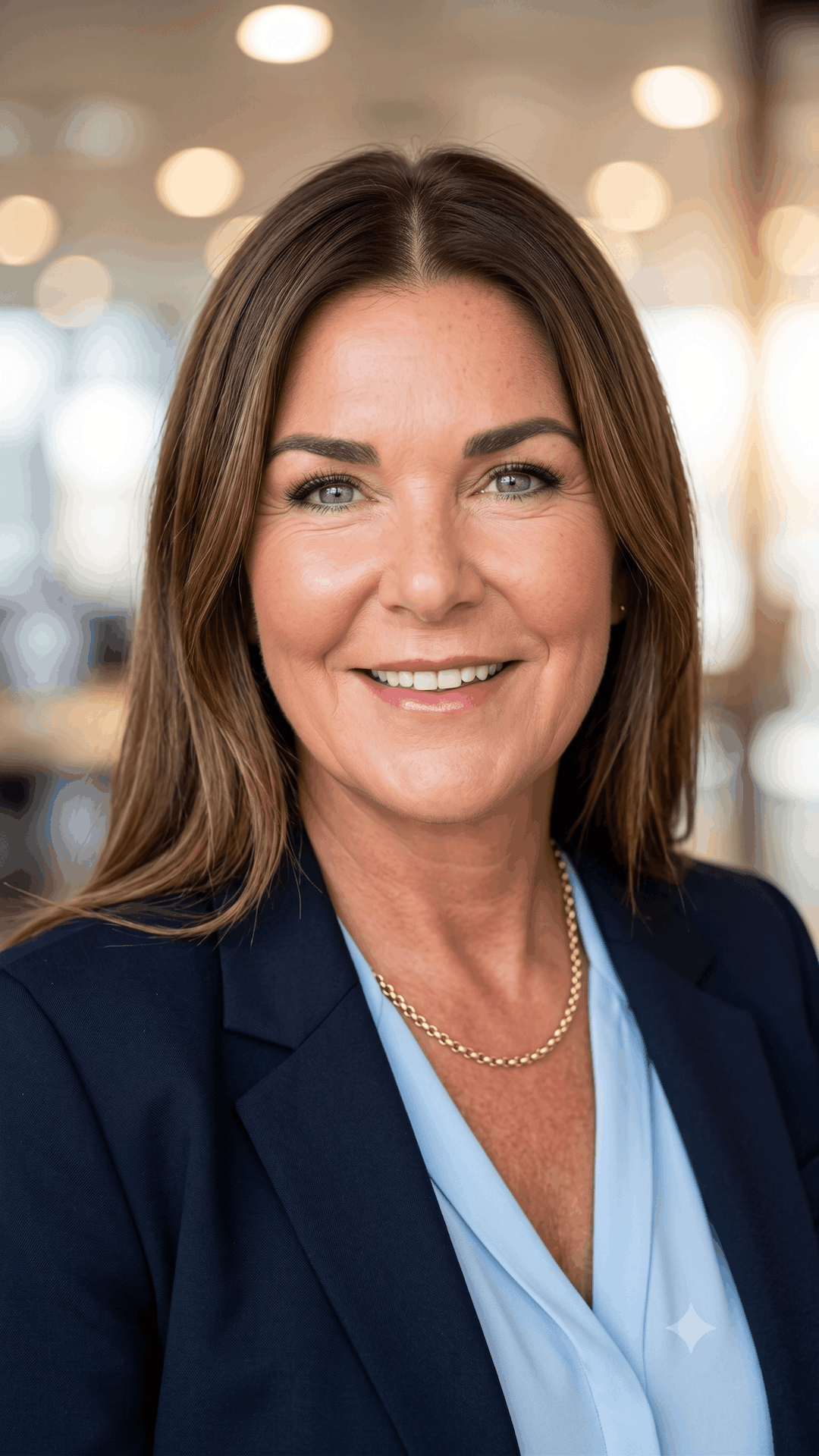 Headshot of a smiling woman with shoulder-length brown hair, blue eyes, and a navy blazer, standing in a blurred indoor setting with warm lighting.