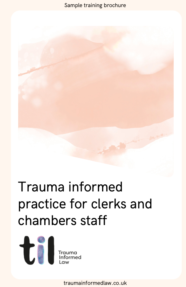 A training brochure cover titled 'Trauma informed practice for clerks and chambers staff' with a pastel abstract background and the Til logo at the bottom.