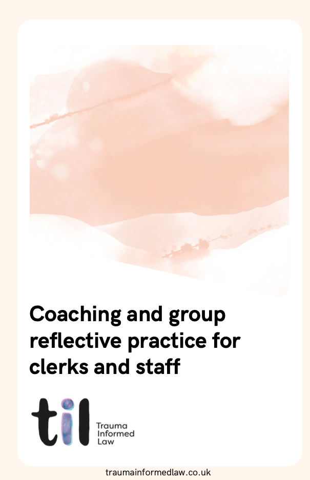 Cover page for a coaching and group reflective practice session aimed at clerks and staff, with a light abstract background and the Trauma Informed Law logo.