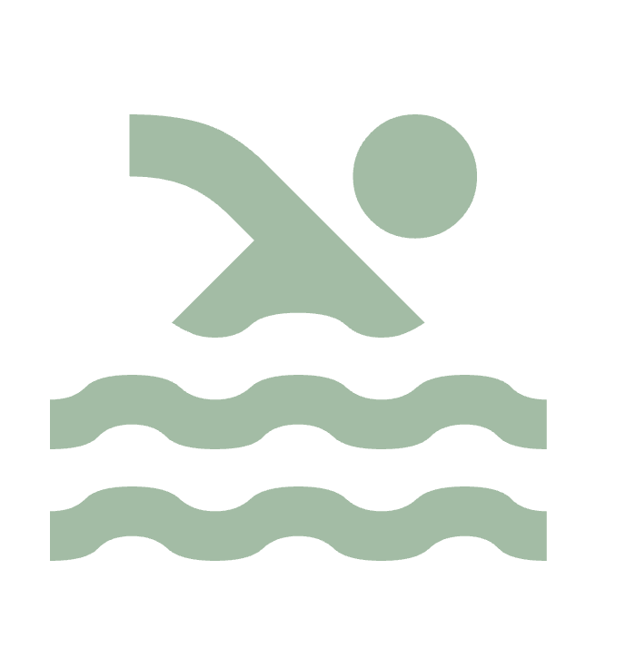 Simplified icon of a person swimming in water with a sun above.