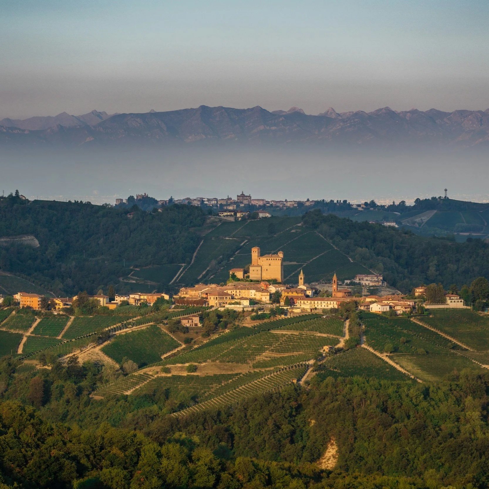 A scenic landscape featuring rolling hills and vineyards in the foreground, a historic castle atop a hill in the middle ground, and a distant mountain range under a clear sky in the background.