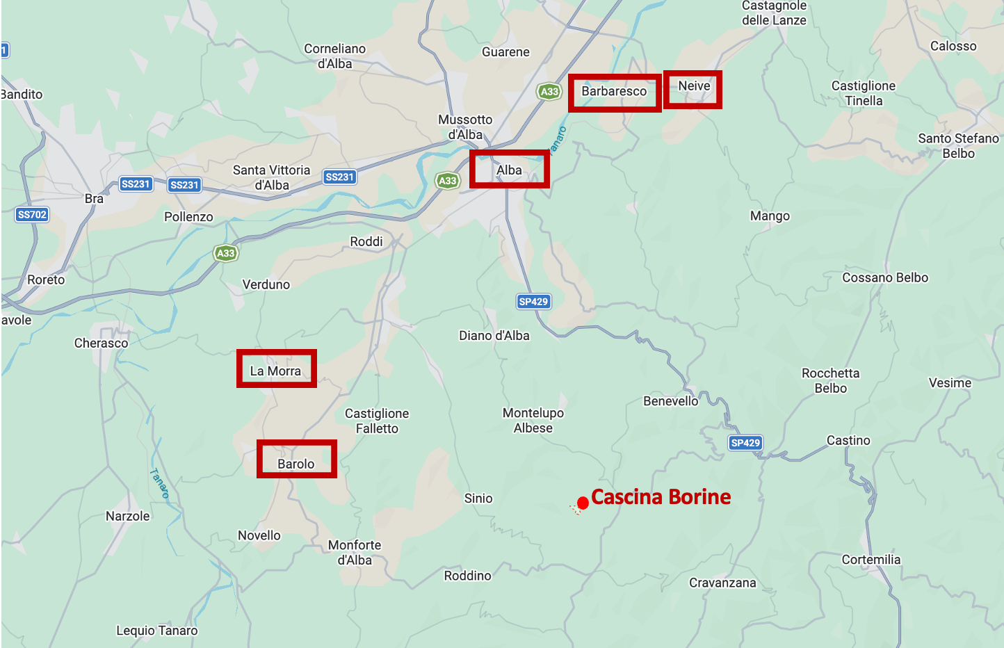 Map of the area around Alba, Italy, highlighting several locations including La Morra, Barolo, Alba, Neive, Barbaresco, and Cascina Borine. The map shows roads, towns, and geographic features.
