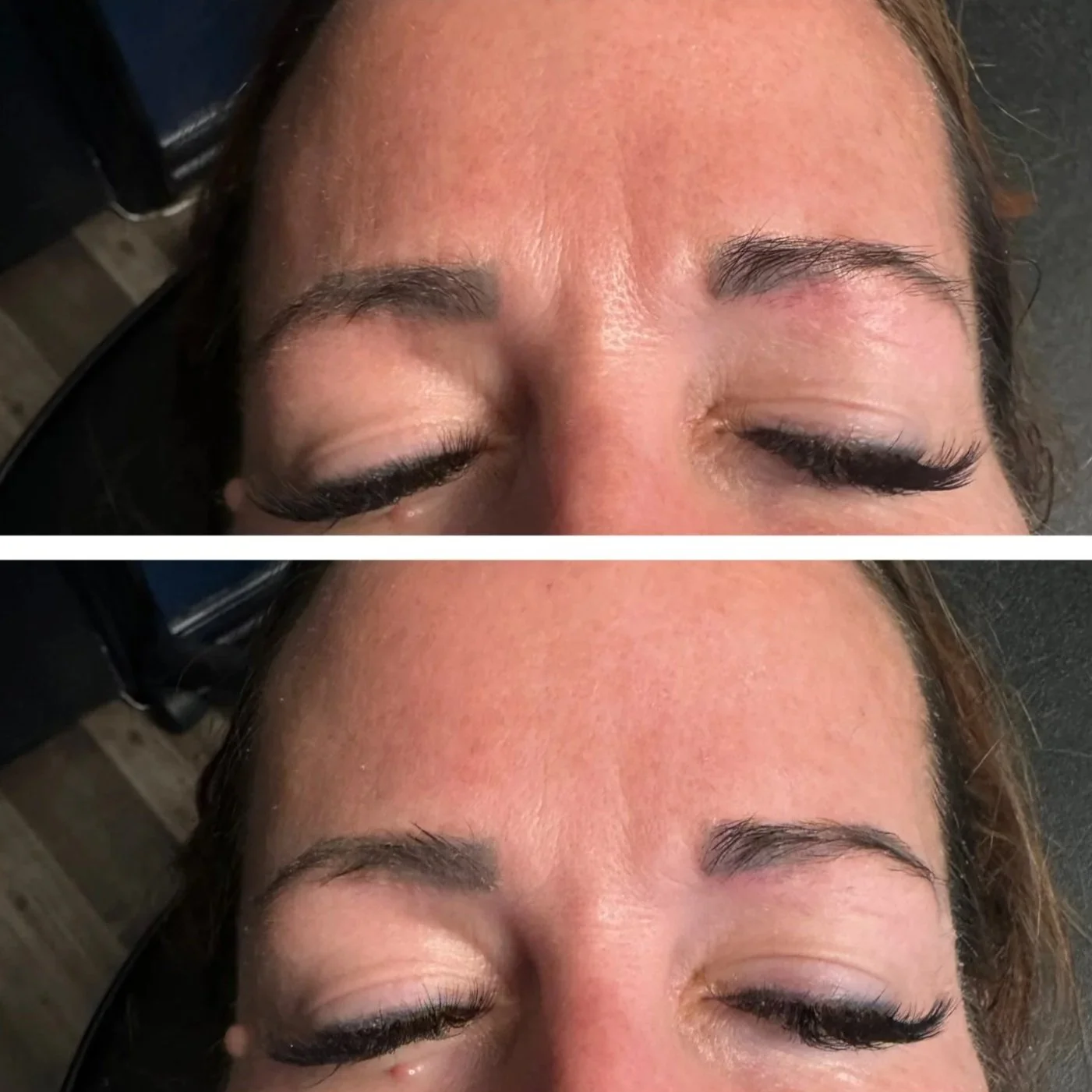 Close-up of a woman's forehead and closed eyes before and after eyebrow treatment with eyelash extensions.