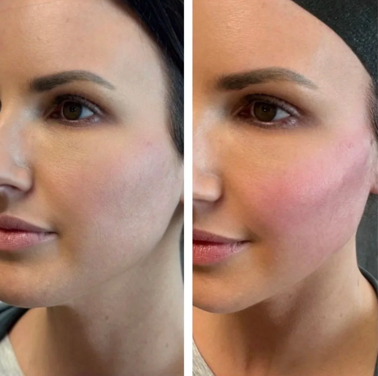 Side-by-side comparison of a woman’s face before and after makeup application, showing smoother skin and enhanced features.