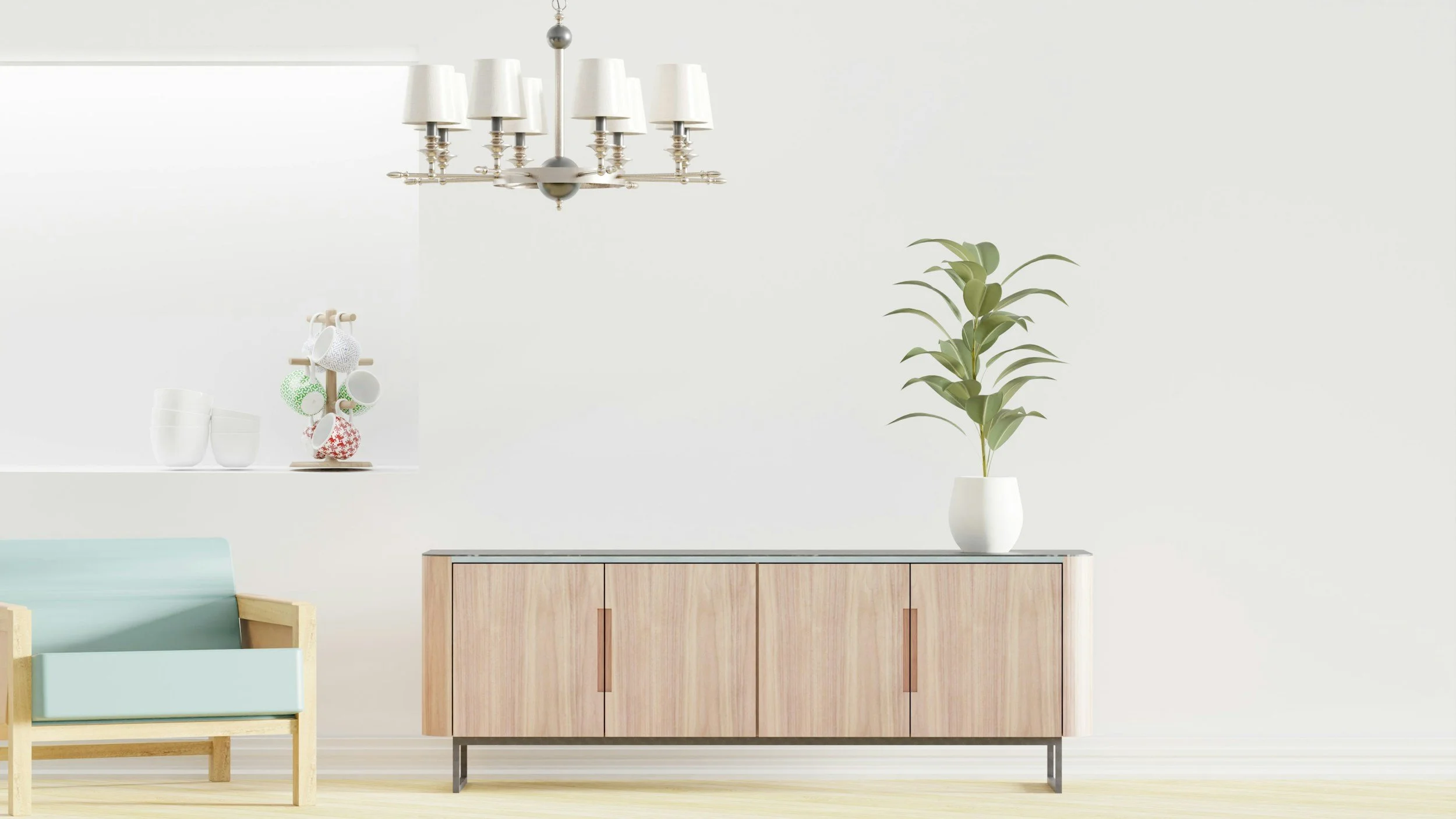 Minimalist living room with wooden sideboard, potted plant, modern chandelier, ceramic cups, and hanging mugs.