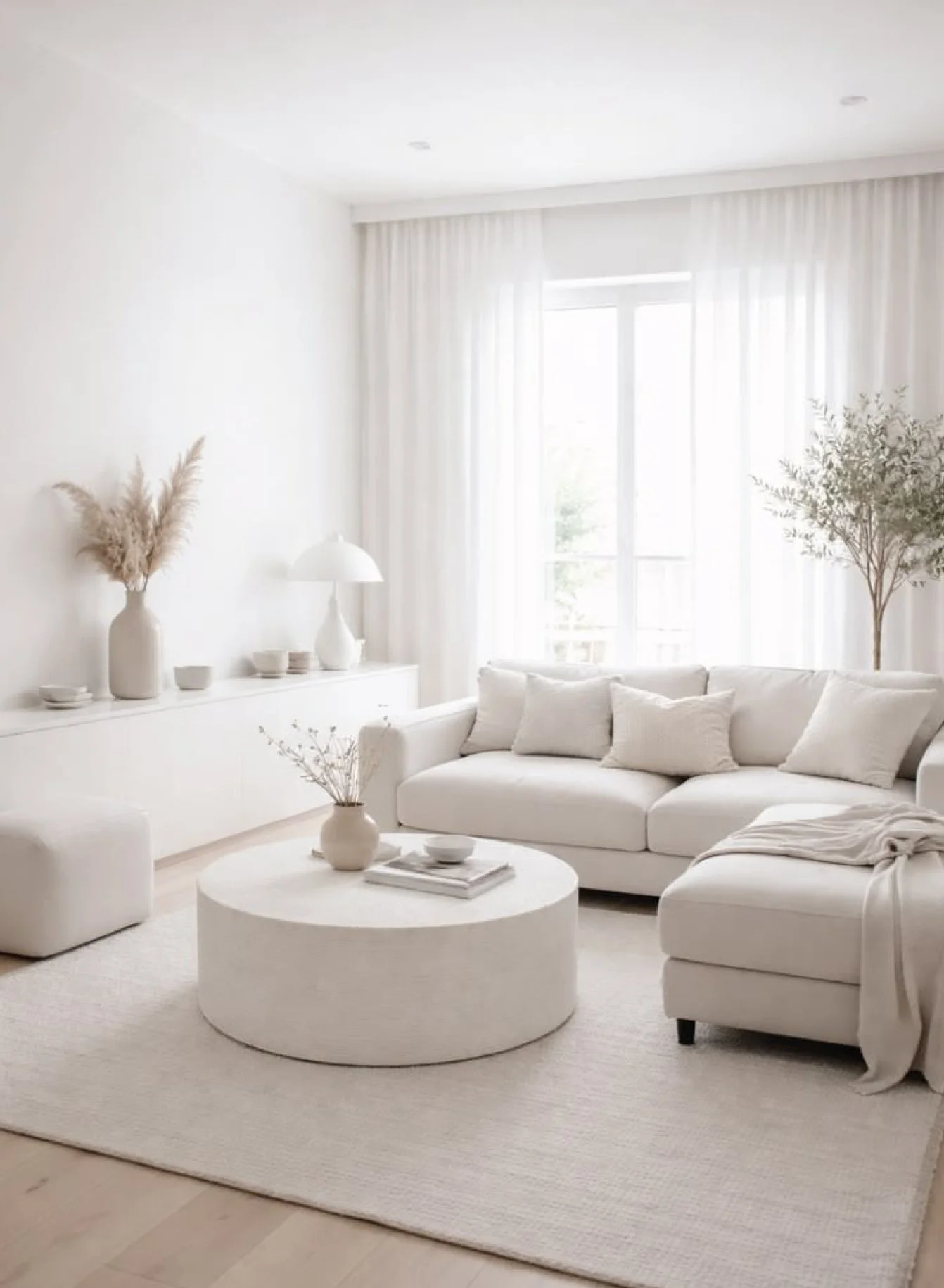 A bright, minimalist living room with white walls, a white sofa with white pillows, a round white coffee table with books and a vase, a white sideboard with vases and a lamp, large windows with sheer white curtains, a white rug, and a potted plant in the corner.