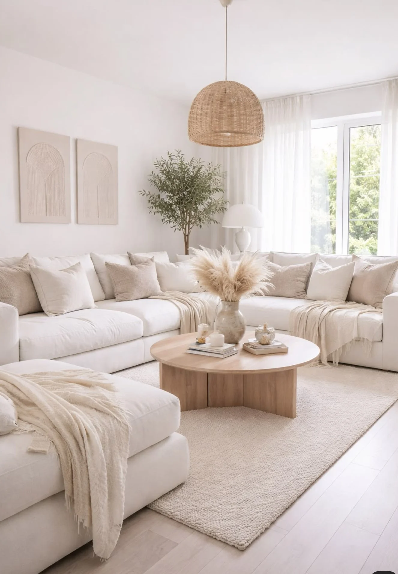 A cozy living room with a large white sectional sofa, beige pillows, and a beige throw blanket. A round wooden coffee table with decorative items and a vase of pampas grass is in the center. In the background, there are large windows with sheer curtains, a white table lamp, a potted plant, and minimalist wall art. The room has a neutral color palette with natural light.