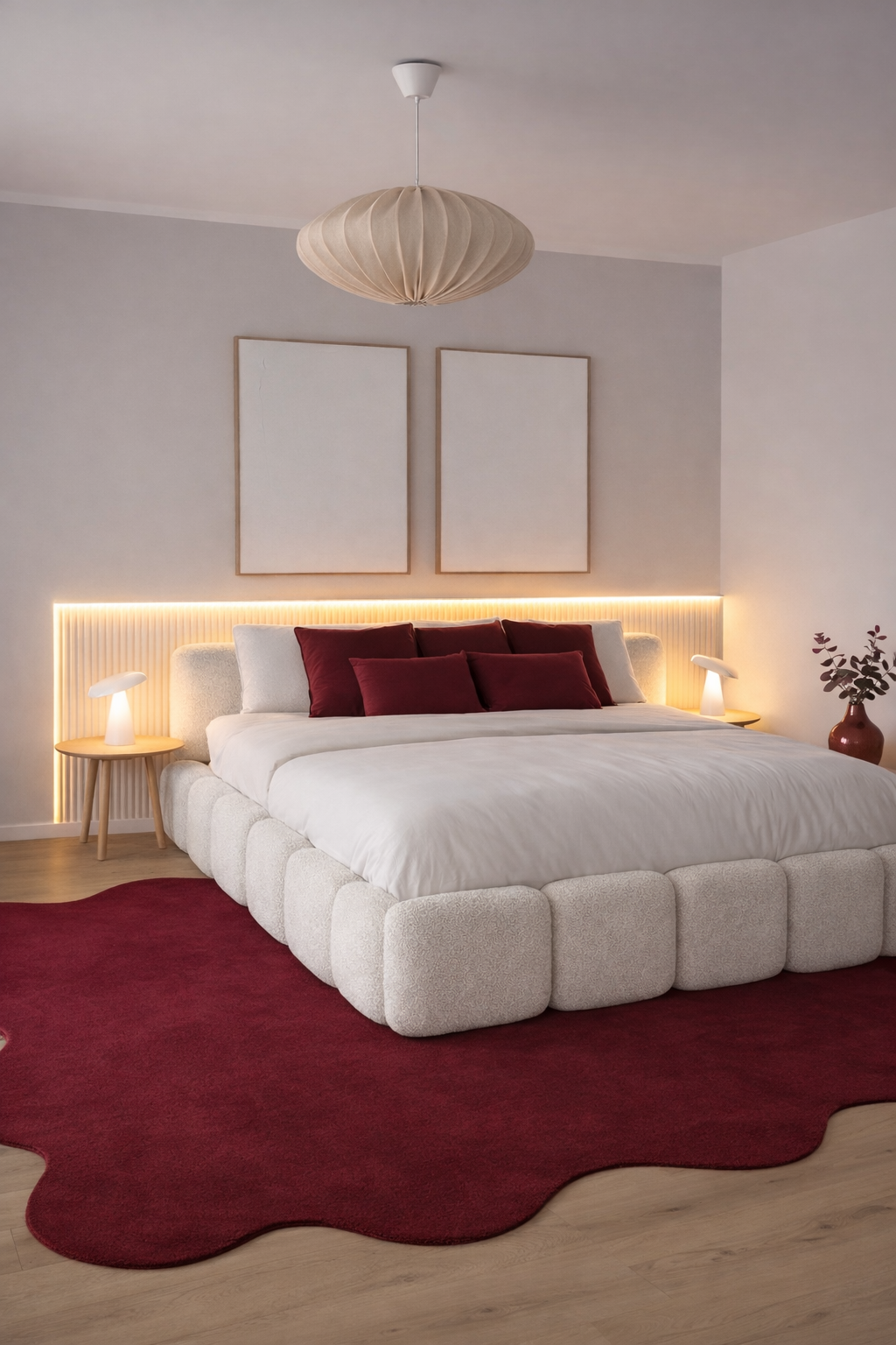 A bedroom with a large, padded bed with white bedding and burgundy pillows. A red rug covers part of the light wood floor. Two round wooden nightstands with small white lamps are on each side of the bed. Behind the bed is a lighting feature and two empty framed artworks above the headboard. A ceiling light fixture hangs above the bed, and a potted plant with dark leaves is on the right side.